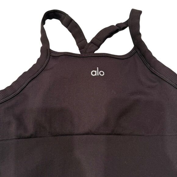Alo Yoga Seamless Ribbed Favorite Bra Tank Top Racerback Black Logo Medium - Picture 2 of 5